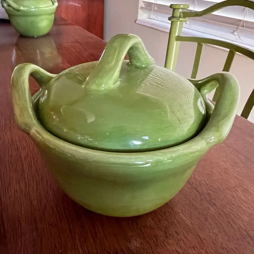 POTTERY BARN *Paella* Mini Baking Crock Ramekin With Handles & Lid Green